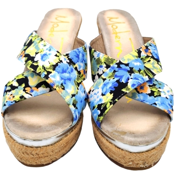 Modern Rush CHERYL BLACK Espadrilles Size 8.5M Floral Fabric Open Toe 4" Wedge - Picture 2 of 8